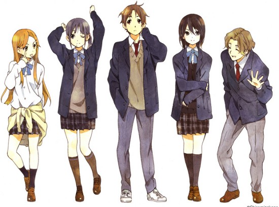 2boys, 3girls, :p, aoki_yoshifumi, black_eyes, black_hair, blonde_hair, bowtie