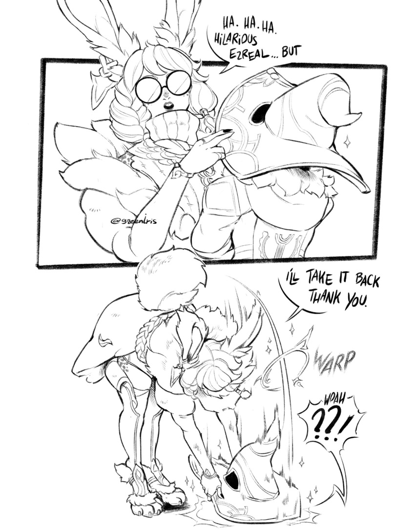 !?, 1boy, 1girl, animal_ears, animal_feet, aurora_(league_of_legends), belt, braid