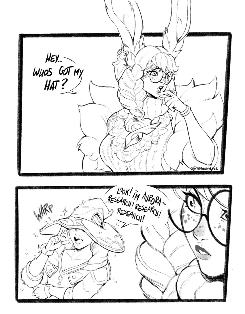 1boy, 1girl, :d, :o, animal_ears, artist_name, aurora_(league_of_legends), braid