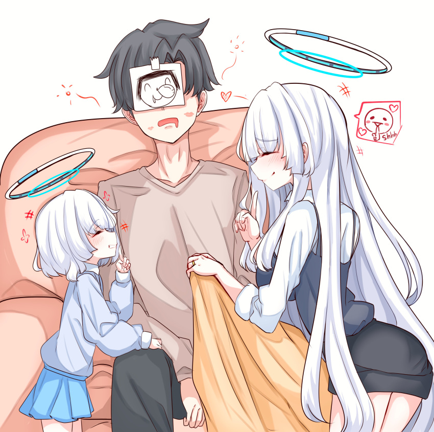 1boy, 2girls, absurdres, black_hair, blue_archive, closed_eyes, halo, highres