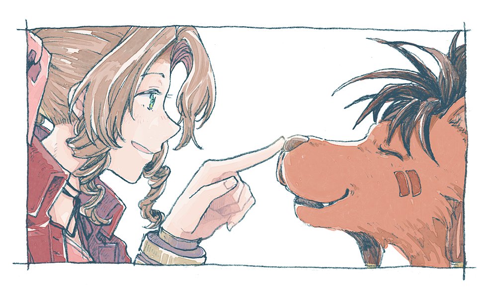 1boy, 1girl, aerith_gainsborough, animal, bangle, black_choker, border, bracelet
