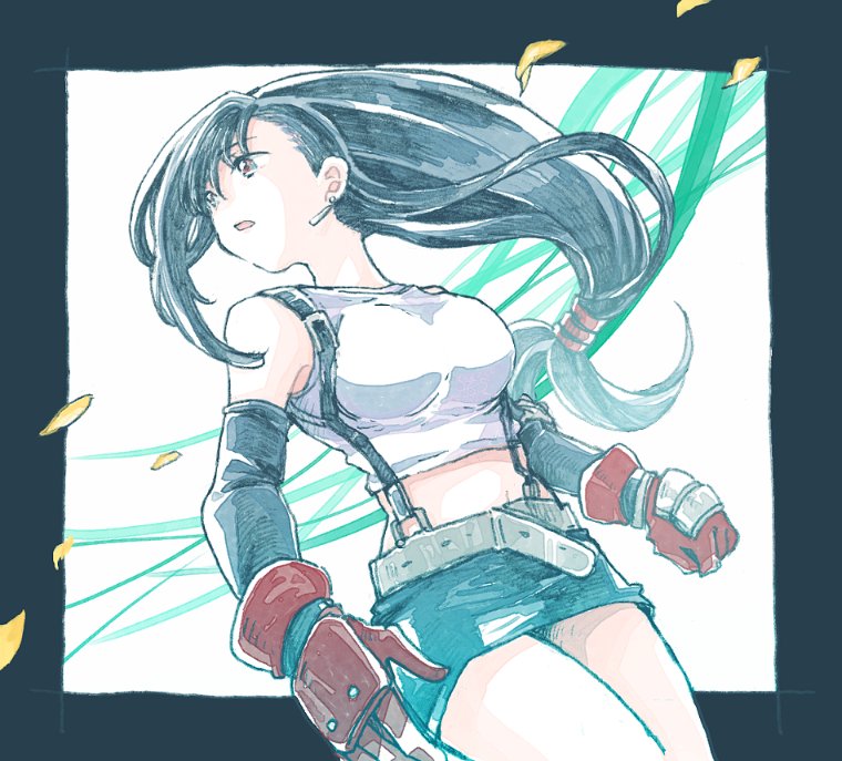 1girl, bare_shoulders, belt, black_border, black_gloves, black_hair, black_skirt, border