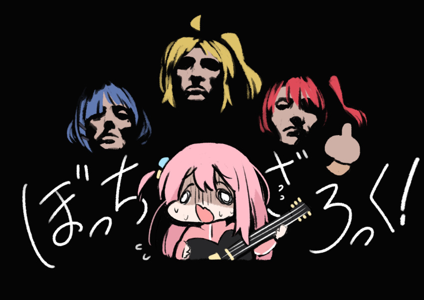 0_0, 4girls, ahoge, black_background, blonde_hair, blue_hair, bocchi_the_rock!, bohemian_rhapsody