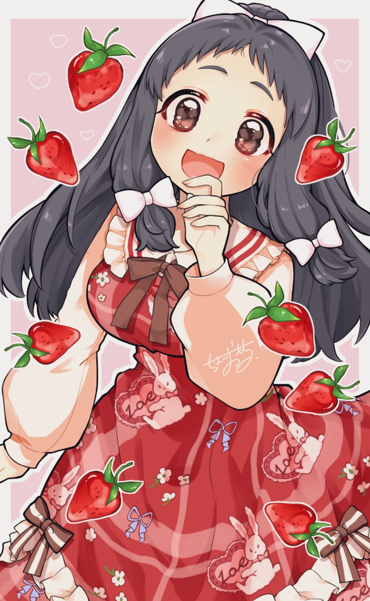 1girl, :d, arm_at_side, black_hair, blush, border, bow, brown_bow
