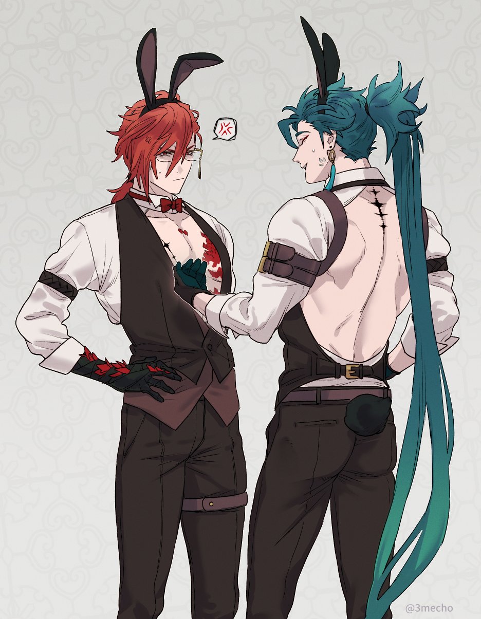 2boys, ^_^, anger_vein, angry, animal_ear_hairband, animal_ears, aqua_hair, arm_belt, artist_name, back, back_cutout, backless_outfit, belt, black_belt, black_gloves, black_hairband, black_pants, black_vest, bow, bowtie, buttons, closed_eyes, closed_mouth, clothing_cutout, collarbone, commentary_request, detached_collar, emu_(3mecho), eyeshadow, facing_away, fake_animal_ears, fake_tail, frown, glasses, gloves, grey_background, hairband, hand_on_own_hip, high_ponytail, highres, jiyan_(wuthering_waves), long_hair, long_sleeves, looking_at_another, low_ponytail, makeup, male_focus, median_furrow, mortefi_(wuthering_waves), multiple_boys, open_mouth, over-rim_eyewear, pants, pectorals, ponytail, rabbit_boy, rabbit_ear_hairband, rabbit_ears, rabbit_tail, red_bow, red_bowtie, red_eyes, red_eyeshadow, redhead, scales, semi-rimless_eyewear, shirt, simple_background, smile, speech_bubble, spoken_anger_vein, standing, sweatdrop, tacet_mark_(wuthering_waves), tail, teeth, thigh_strap, twitter_username, upper_teeth_only, v-shaped_eyebrows, very_long_hair, vest, white_shirt, wuthering_waves, yellow-framed_eyewear