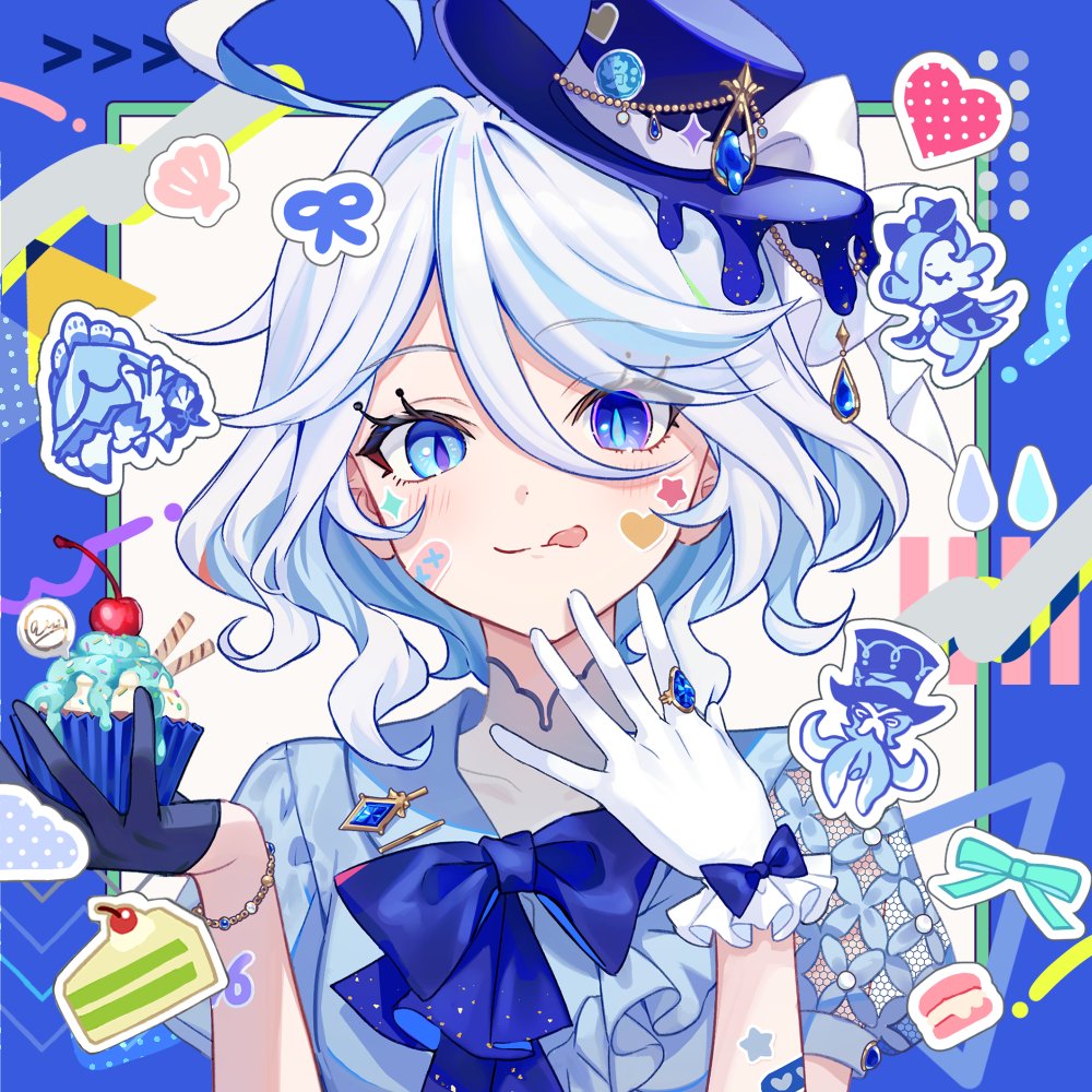 1girl, asymmetrical_gloves, blue_background, blue_gemstone, blue_hair, blue_hat, blue_ribbon, blue_shirt