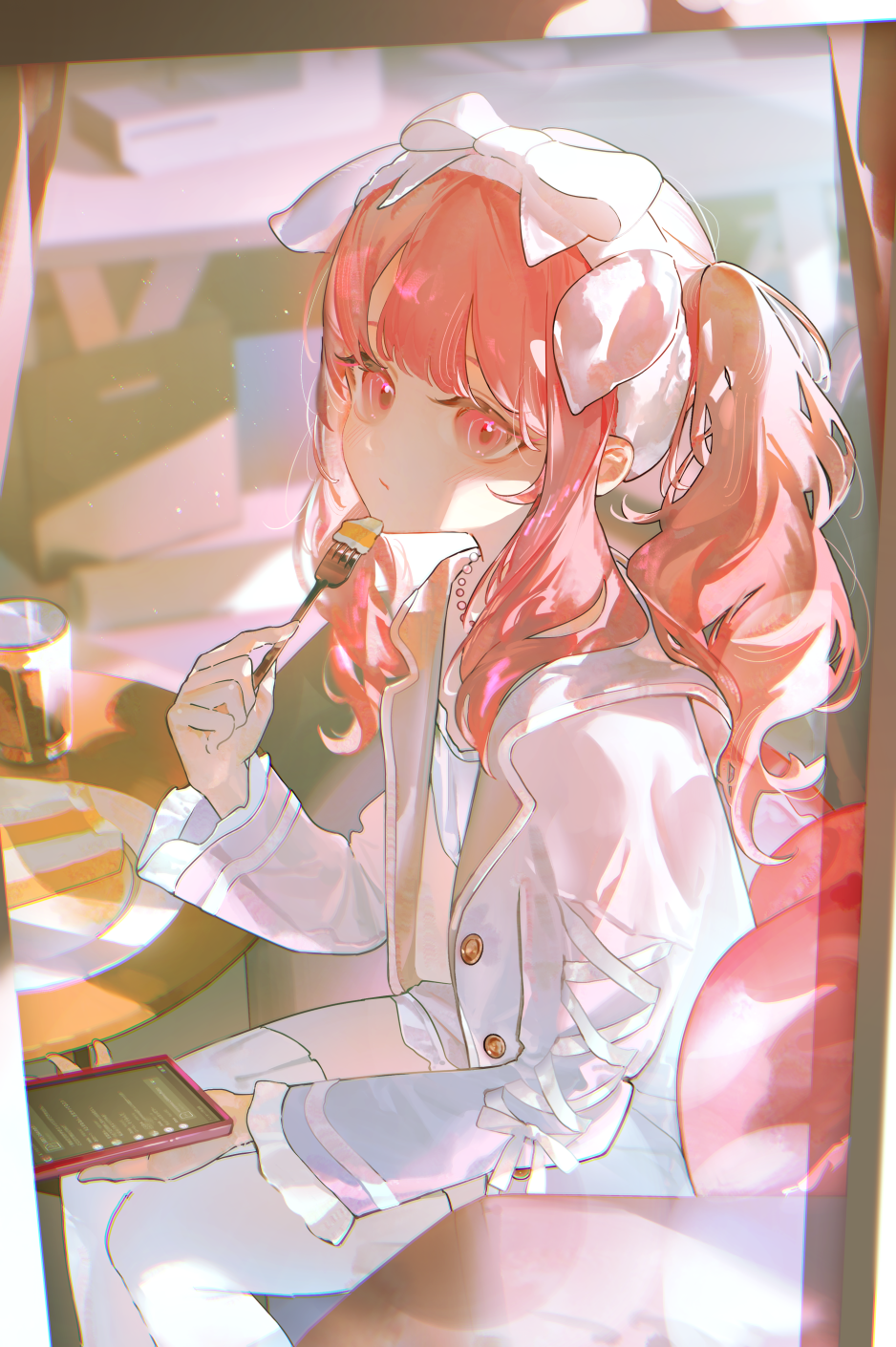 1other, akiyama_mizuki, androgynous, cake, camisole, cellphone, cup, english_commentary