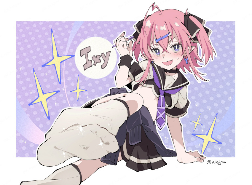 1girl, :d, ahoge, arm_support, black_choker, black_skirt, black_wristband, blush