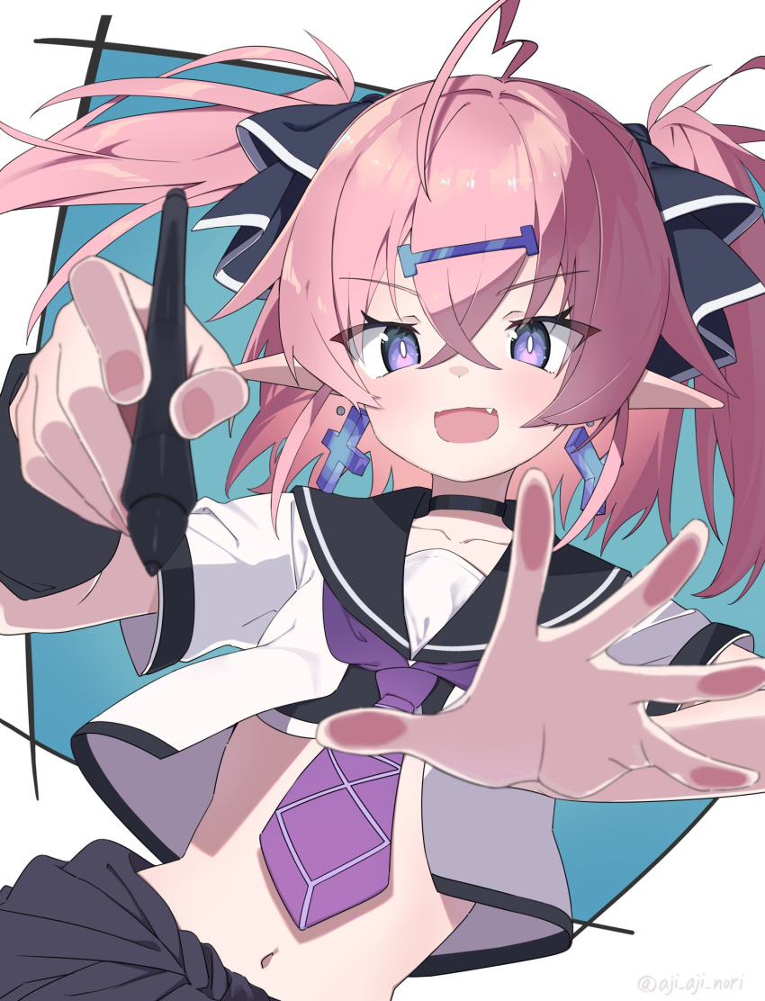 1girl, :d, ahoge, aji_aji_nori, black_choker, black_skirt, black_wristband, choker