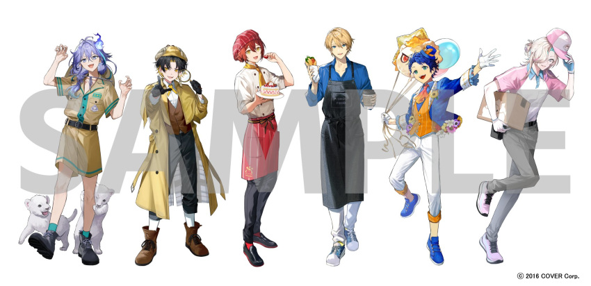 6+boys, :d, alternate_costume, alternate_hairstyle, ankle_cuffs, antenna_hair, apolleon, apron, aqua_gloves, aqua_hair, aqua_socks, ascot, astel_leda, balloon, baseball_cap, beanie, belt, black_apron, black_belt, black_footwear, black_gloves, black_hair, black_pants, blonde_hair, blue_eyes, blue_footwear, blue_hair, blue_hat, blue_jacket, blue_shirt, boots, border0715, boutonniere, bow, box, braid, brown_footwear, brown_hat, brown_shirt, brown_shorts, brown_vest, buttons, cabbie_hat, cake, capelet, carrying, carrying_under_arm, chef, claw_pose, coat, collared_shirt, copyright_notice, cross-laced_footwear, cross_tie, crossed_bangs, cup, curtained_hair, delivery, detective, disposable_cup, double-breasted, earrings, flower, flower_trim, food, frilled_sleeves, frills, fruit, full_body, gloves, green_eyes, grey_pants, hair_between_eyes, hair_bun, hair_over_one_eye, hair_over_shoulder, half_gloves, half_updo, hanasaki_miyabi, hand_up, hands_up, hat, hat_bow, hat_on_back, highres, hitodama, holding, holding_balloon, holding_box, holding_cup, holding_food, holding_fruit, holding_hat, holding_magnifying_glass, holding_plate, holding_unworn_clothes, holostars, jacket, jewelry, kishido_temma, lace-up_boots, lion_cub, loafers, long_hair, long_sleeves, looking_at_viewer, low-braided_long_hair, low-tied_long_hair, magnifying_glass, male_focus, medium_hair, minase_rio, mini_hat, mini_top_hat, multicolored_hair, multiple_boys, neckerchief, official_art, open_clothes, open_coat, open_collar, open_hand, open_jacket, orange_ascot, orange_bow, orange_vest, outstretched_arms, pants, parted_bangs, parted_lips, pink_flower, pink_hair, pink_hat, pink_sleeves, plaid_clothes, plaid_headwear, plate, pointing, pointing_at_viewer, polo_shirt, purple_flower, purple_hair, red_apron, red_hat, red_socks, redhead, running, sample_watermark, shirt, shoes, short_hair, shorts, side_part, single_braid, single_hair_bun, sleeves_rolled_up, smile, sneakers, socks, standing, standing_on_one_leg, strawberry, streaked_hair, striped_apron, striped_clothes, striped_headwear, striped_vest, swept_bangs, top_hat, trench_coat, two-tone_gloves, two-tone_hair, two-tone_shirt, uniform, utsugi_uyu, v-shaped_eyebrows, vertical-striped_clothes, vertical-striped_vest, vest, violet_eyes, virtual_youtuber, waist_apron, watermark, white_background, white_eyes, white_flower, white_footwear, white_gloves, white_hair, white_jacket, white_pants, white_shirt, white_socks, wrap_(food), yatogami_fuma, yellow_capelet, yellow_coat, yellow_eyes, yellow_flower, yellow_hat, yellow_neckerchief, zookeeper