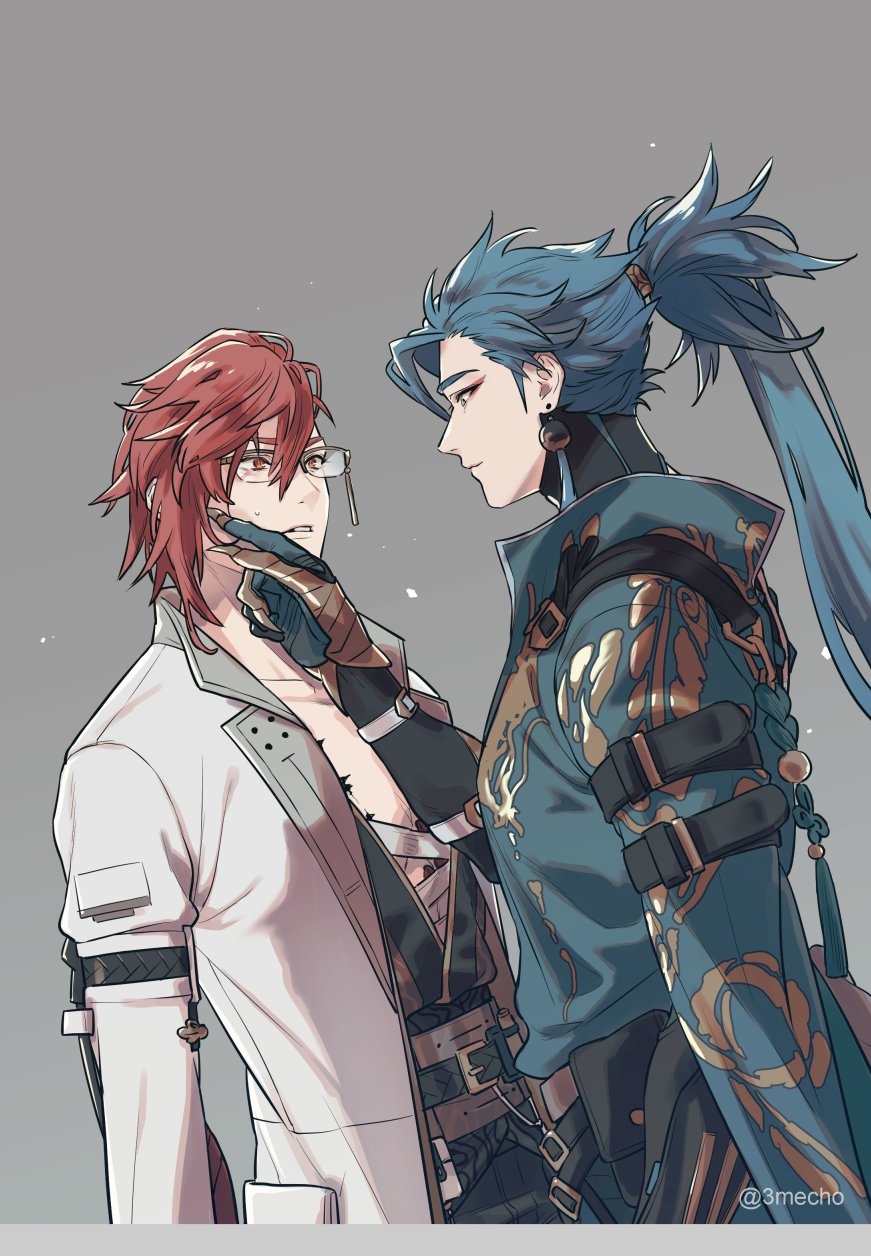 2boys, aqua_coat, aqua_hair, arm_belt, artist_name, bandages, belt, belt_pouch, black_belt, black_shirt, claws, closed_mouth, coat, collarbone, earrings, emu_(3mecho), eye_contact, eyeshadow, glasses, grey_background, hand_up, hashtag-only_commentary, high_ponytail, highres, jewelry, jiyan_(wuthering_waves), lab_coat, lapels, long_hair, long_sleeves, looking_at_another, makeup, male_focus, mortefi_(wuthering_waves), multiple_boys, open_clothes, open_coat, over-rim_eyewear, parted_lips, ponytail, pouch, profile, red_eyes, red_eyeshadow, red_shirt, redhead, scales, semi-rimless_eyewear, shirt, simple_background, smile, tacet_mark_(wuthering_waves), tassel, tassel_earrings, twitter_username, white_coat, wuthering_waves, yellow-framed_eyewear, yellow_eyes
