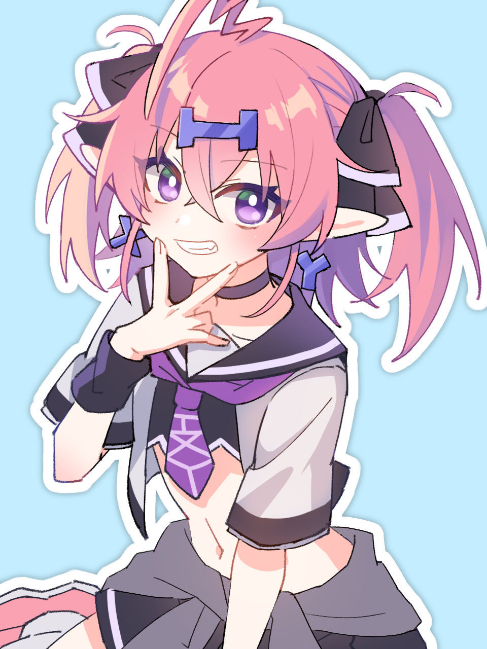1girl, ahoge, black_choker, black_skirt, black_wristband, blue_background, choker, clothes_around_waist, crop_top, earrings, eyelashes, floating_earring, grin, hair_between_eyes, hair_ornament, hair_ribbon, hairpin, hideriex, highres, indie_virtual_youtuber, ixyv, jacket, jacket_around_waist, jewelry, midriff, miniskirt, neckerchief, outline, pink_footwear, pink_hair, pointy_ears, purple_neckerchief, ribbon, sailor_collar, shirt, short_hair, simple_background, skirt, smile, socks, solo, two_side_up, v_over_mouth, violet_eyes, virtual_youtuber, white_outline, white_shirt, white_socks