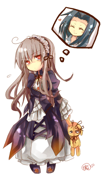 bow, chibi, closed_eyes, dress, eyes_closed, frills, grey_hair, hairband