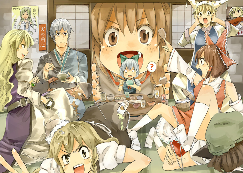 6+girls, blonde_hair, blue_hair, bow, brown_eyes, brown_hair, chen, chopsticks
