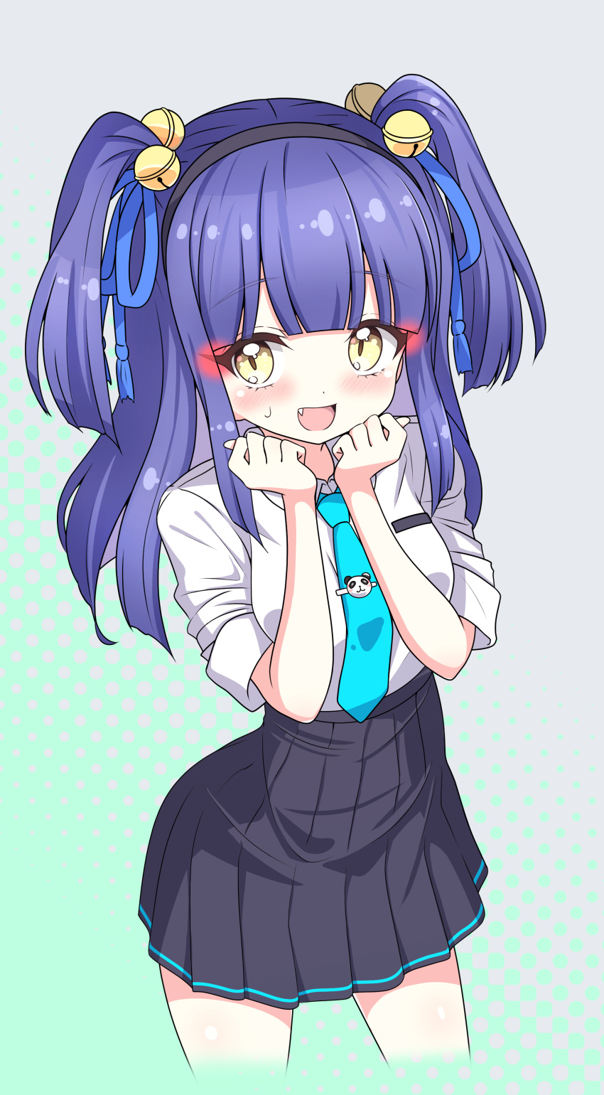 1girl, absurdres, bell, blue_hair, blue_necktie, blush, breasts, fang