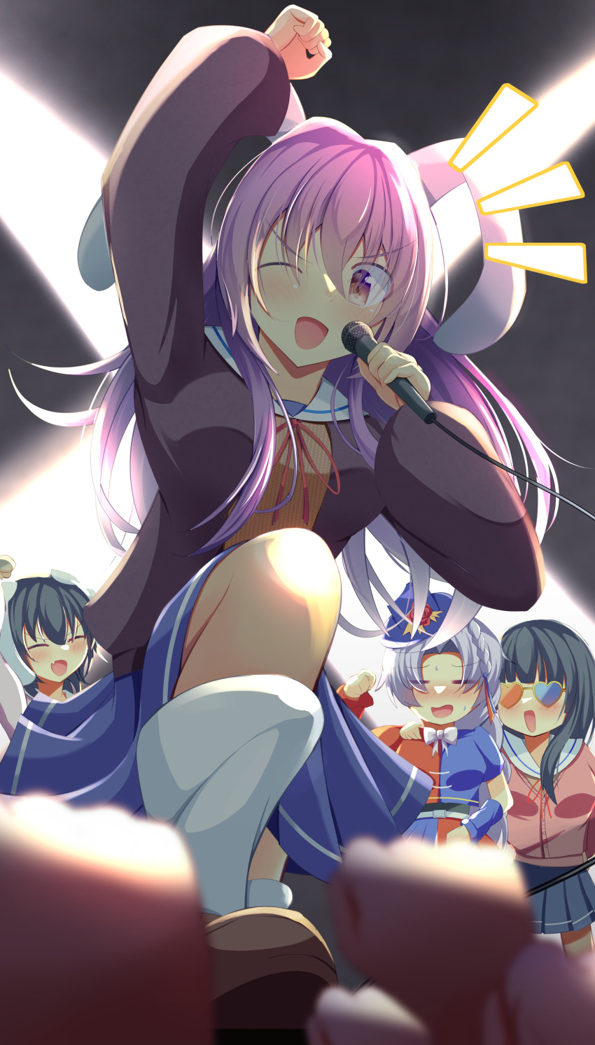 4girls, :d, ;d, absurdres, animal_ears, black_hair, blue_skirt, blunt_bangs, blurry, blurry_foreground, blush, braid, breasts, brown_footwear, clenched_hands, closed_eyes, commentary_request, fang, forehead, frilled_skirt, frills, full-face_blush, hair_intakes, hand_up, hat, heart, heart-shaped_eyewear, highres, houraisan_kaguya, inaba_tewi, long_hair, long_sleeves, medium_hair, microphone, multiple_girls, one_eye_closed, open_mouth, parted_bangs, pink_eyes, pink_shirt, purple_hair, rabbit_ears, rabbit_girl, red_ribbon, reisen_udongein_inaba, ribbon, shadow, shirt, shiso_gohan, single_braid, skin_fang, skirt, smile, socks, spotlight, sweat, touhou, v-shaped_eyebrows, white_socks, wide_sleeves, yagokoro_eirin