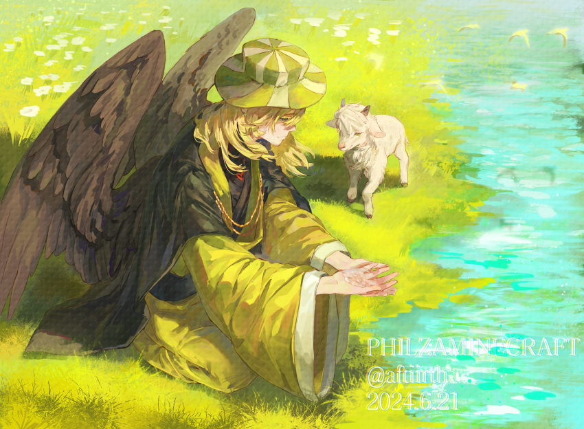 1boy, aftiirth, animal, bird_boy, bird_wings, black_cape, black_wings, blonde_hair, bucket_hat, cape, character_name, chinese_commentary, commentary_request, commission, goat, grass, green_kimono, hardcore_heart, hat, highres, holding_water, japanese_clothes, kimono, long_hair, looking_down, male_focus, minecraft_youtube, nature, outdoors, ph1lza, sitting, solo, striped_clothes, striped_headwear, water, watermark, wide_sleeves, wings