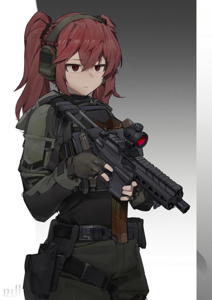 1girl, beizhi, belt_pouch, character_request, copyright_request, gun, hair_between_eyes, headphones, holding, holding_gun, holding_weapon, long_hair, pouch, red_eyes, redhead, sidelocks, tactical_clothes, twintails, weapon, weapon_request