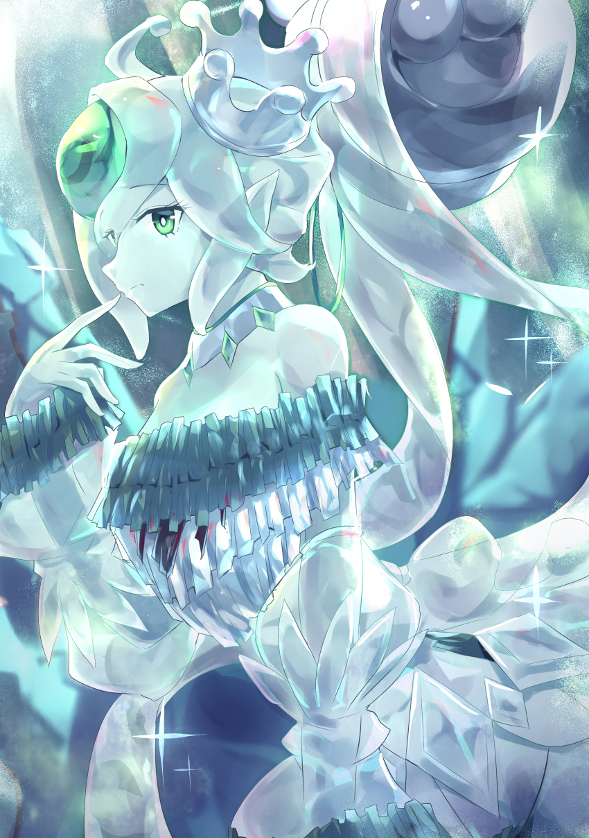 1girl, absurdres, crown, detached_hair, detached_sleeves, duel_monster, from_side, green_eyes
