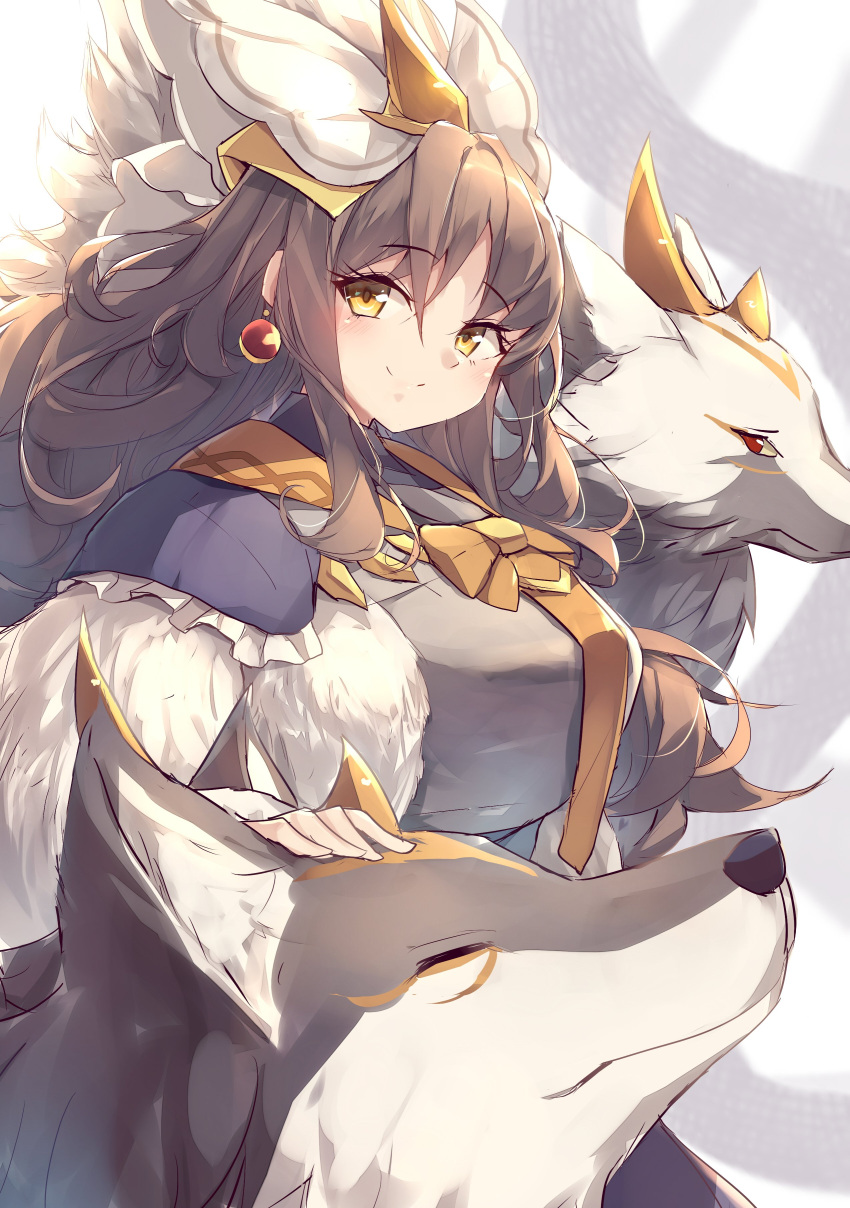 1girl, absurdres, animal, breasts, brown_dress, brown_hair, dress, duel_monster, highres, huge_breasts, kanzakietc, looking_at_viewer, looking_to_the_side, silvy_of_the_white_forest, smile, solo, white_dress, wolf, yellow_eyes, yu-gi-oh!