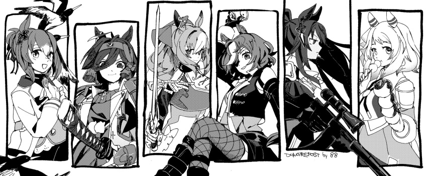 6+girls, animal_ears, anti-materiel_rifle, bird, dango, durandal_(umamusume), eating, eyepatch