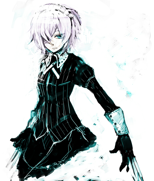 alternate_costume, bad_id, blue_eyes, frown, gloves, hair_over_one_eye, izayoi_sakuya, knife