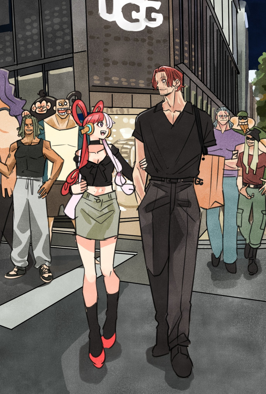 1girl, 6+boys, bag, beard_stubble, benn_beckman, black_choker, black_socks, black_tank_top