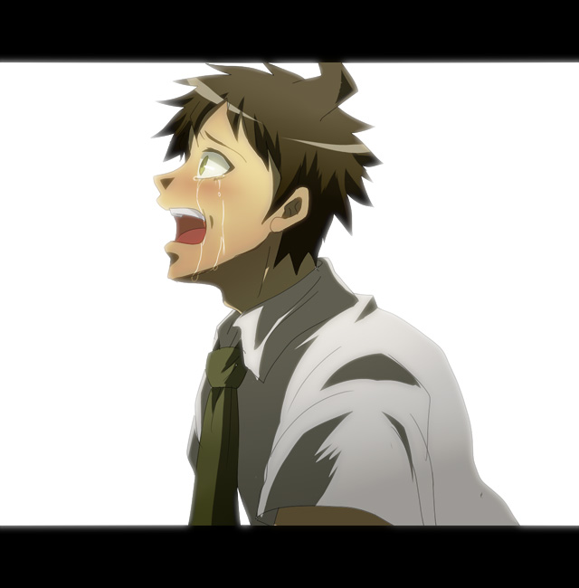1boy, ahoge, black_background, blush, brown_hair, crying, danganronpa_(series), danganronpa_2:_goodbye_despair