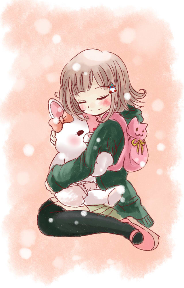 1girl, black_thighhighs, blush, bow, brown_background, brown_hair, closed_mouth, danganronpa_(series)