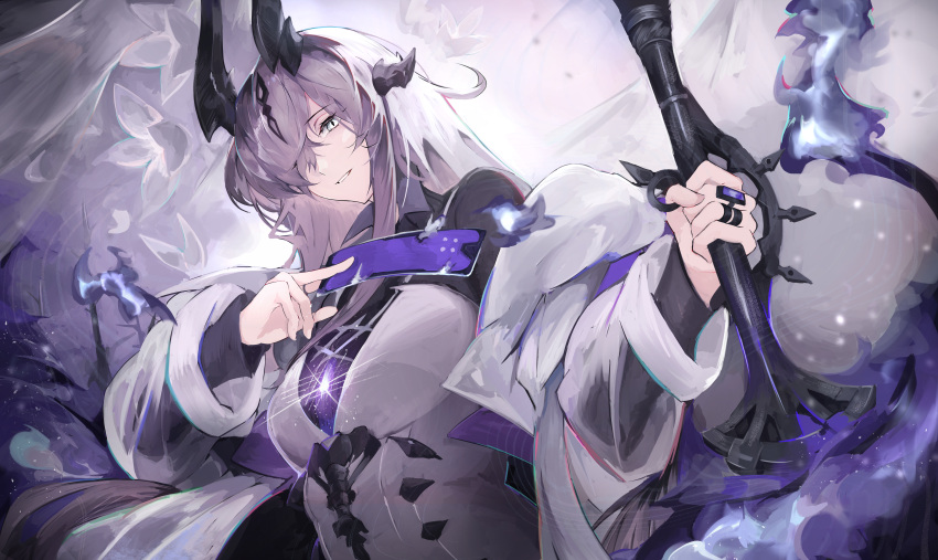 1girl, absurdres, aqua_eyes, arknights, black_horns, black_shirt, breasts, card