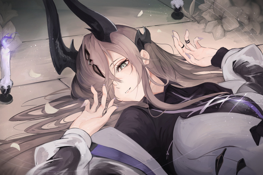1girl, absurdres, aqua_eyes, arknights, black_horns, black_shirt, breasts, candle