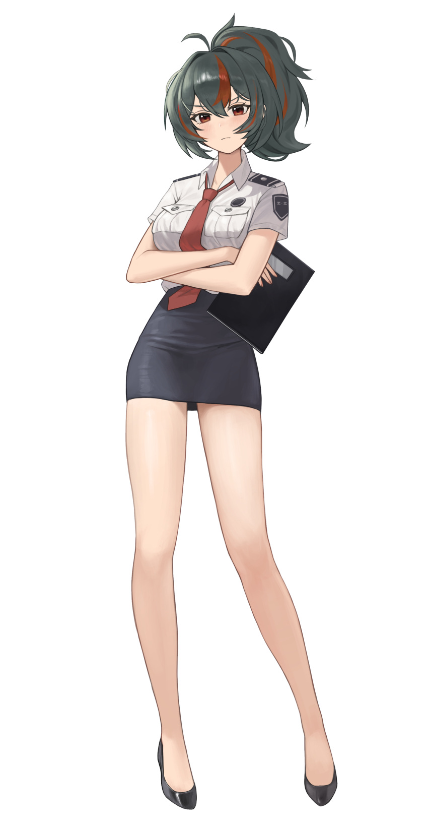 1girl, absurdres, alternate_costume, black_hair, breasts, closed_mouth, crossed_arms, dang_geun23283, full_body, high-waist_skirt, high_heels, highres, holding, holding_notebook, large_breasts, light_frown, looking_at_viewer, multicolored_hair, necktie, notebook, pencil_skirt, police, police_uniform, policewoman, ponytail, red_eyes, red_necktie, shirt, simple_background, skirt, solo, streaked_hair, uniform, white_background, white_shirt, zenless_zone_zero, zhu_yuan