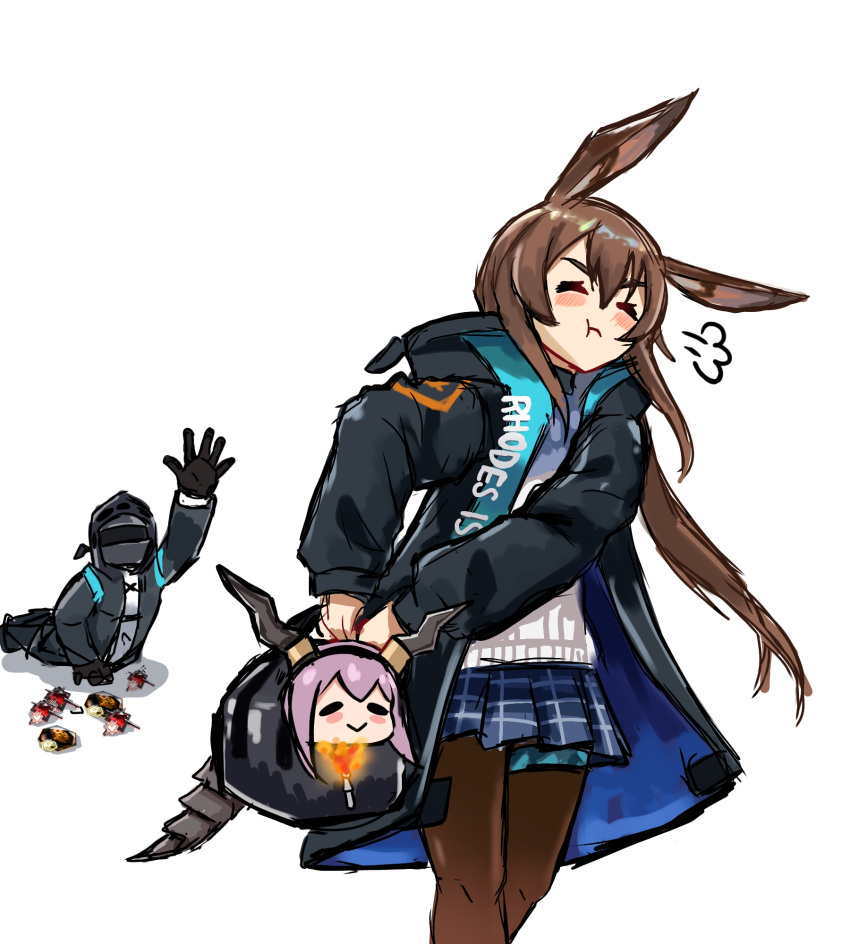 1other, 2girls, amiya_(arknights), animal_ears, arknights, bag, black_hairband, black_horns