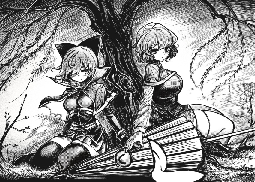 2girls, blush, bow, breasts, capelet, chengzilong8, gloves, greyscale, hair_bow, hair_over_one_eye, hand_on_another's_hand, highres, karakasa_obake, long_sleeves, looking_at_another, monochrome, multiple_girls, outdoors, sekibanki, sitting, skirt, tatara_kogasa, thigh-highs, tongue, tongue_out, touhou, tree, umbrella