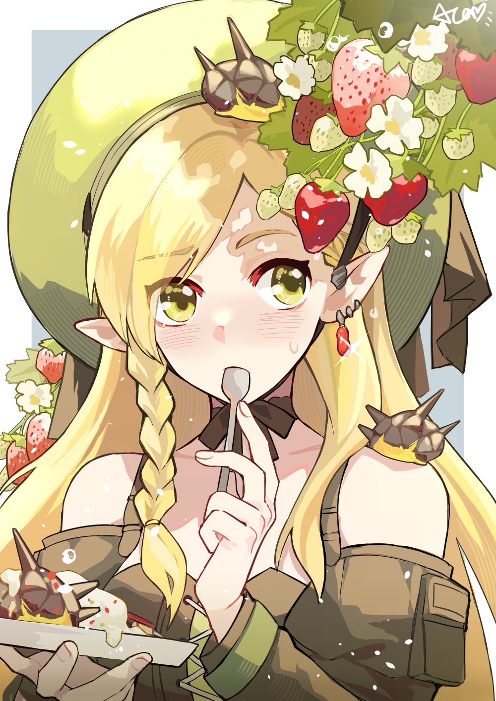 1girl, arknights, bare_shoulders, blonde_hair, blush, braid, brown_dress, chinese_commentary, commentary_request, dress, dungeon_meshi, earrings, flower, food, fruit, green_eyes, green_hair, hat, hat_flower, highres, holding, holding_plate, holding_spoon, jewelry, long_hair, long_sleeves, looking_to_the_side, marcille_donato, marcille_donato_(terra_&amp;_traveller), mixed-language_commentary, official_alternate_costume, originium_slug_(arknights), plate, pointy_ears, puyue, side_braid, single_earring, solo, spoon, strawberry, sweatdrop, upper_body, white_flower