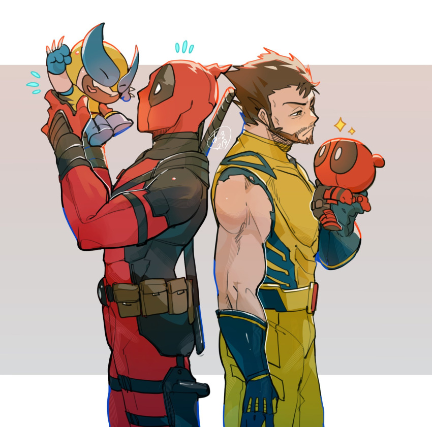 4boys, animification, beard, bodysuit, chibi, cosplay, deadpool, deadpool_&amp;_wolverine, deadpool_(cosplay), deadpool_(series), facial_hair, highres, katana, marvel, marvel_cinematic_universe, mask, momoi_housuke, multiple_boys, muscular, red_bodysuit, red_mask, superhero_costume, sword, sword_on_back, two-tone_bodysuit, weapon, weapon_on_back, wolverine_(x-men), x-men, yellow_bodysuit