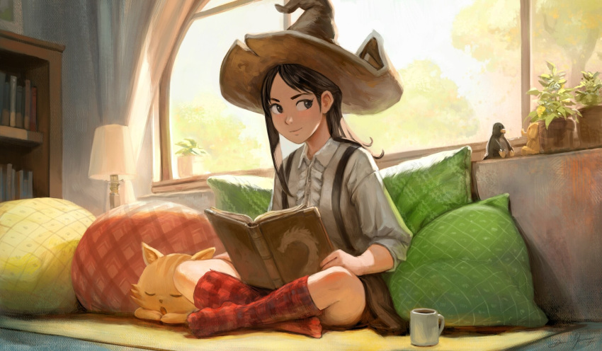 1girl, black_hair, book, bookshelf, brown_skirt, cat, commentary, couch