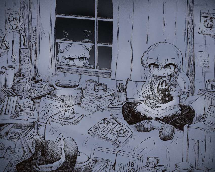 2girls, anger_vein, angry, animal_ears, apron, basket, bishamonten's_pagoda, book, bow, braid, candle, candlelight, clutter, cup, doll, dress, greyscale, hair_bow, hat, hat_bow, highres, indoors, kirisame_marisa, long_hair, mini-hakkero, monochrome, mouse_ears, multiple_girls, nazrin, nazrin_day, note, on_bed, orientalzenzai, ribbon, sheath, shoes_on_bed, short_sleeves, sitting, sword, touhou, unworn_hat, unworn_headwear, waist_apron, weapon, window, witch_hat