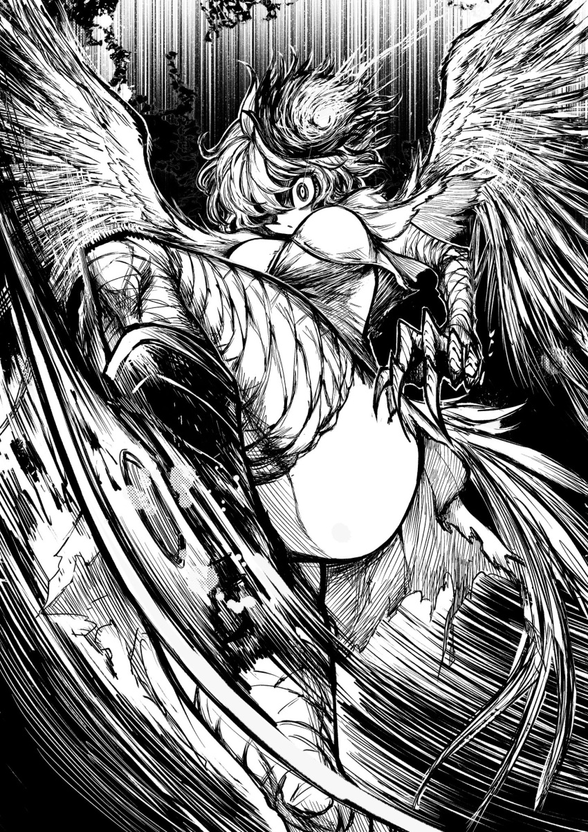 1girl, bird_girl, bird_legs, bird_tail, bird_wings, breasts, chengzilong8, claws, hair_between_eyes, hair_over_one_eye, harpy, highres, incoming_attack, looking_at_viewer, monster_girl, multicolored_hair, niwatari_kutaka, tail, talons, touhou, two-tone_hair, wings