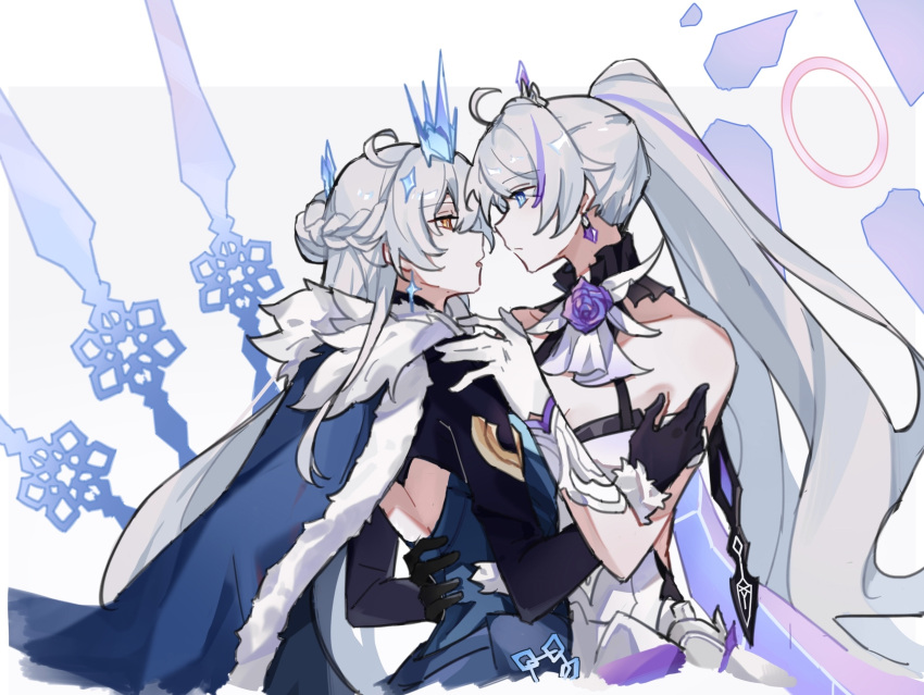 2girls, ahoge, blue_cape, blue_eyes, cape, chinese_commentary, closed_mouth, commentary_request, crown, dress, dual_persona, eye_contact, flower, from_side, fur-trimmed_cape, fur_trim, gloves, half_up_braid, half_up_bun, hand_on_another's_shoulder, high_ponytail, highres, honkai_(series), honkai_impact_3rd, kiana_kaslana, kiana_kaslana_(frigid_empress), kiana_kaslana_(herrscher_of_flamescion), kiana_kaslana_(time_runner), long_hair, looking_at_another, multicolored_hair, multiple_girls, parted_lips, ponytail, purple_flower, purple_hair, purple_rose, rose, shiying_no_yao, streaked_hair, two-tone_hair, very_long_hair, white_dress, white_hair, yellow_eyes, yuri