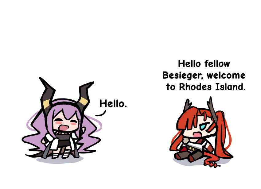 2girls, aqua_eyes, arknights, black_hairband, black_horns, black_shirt, blush_stickers, chibi