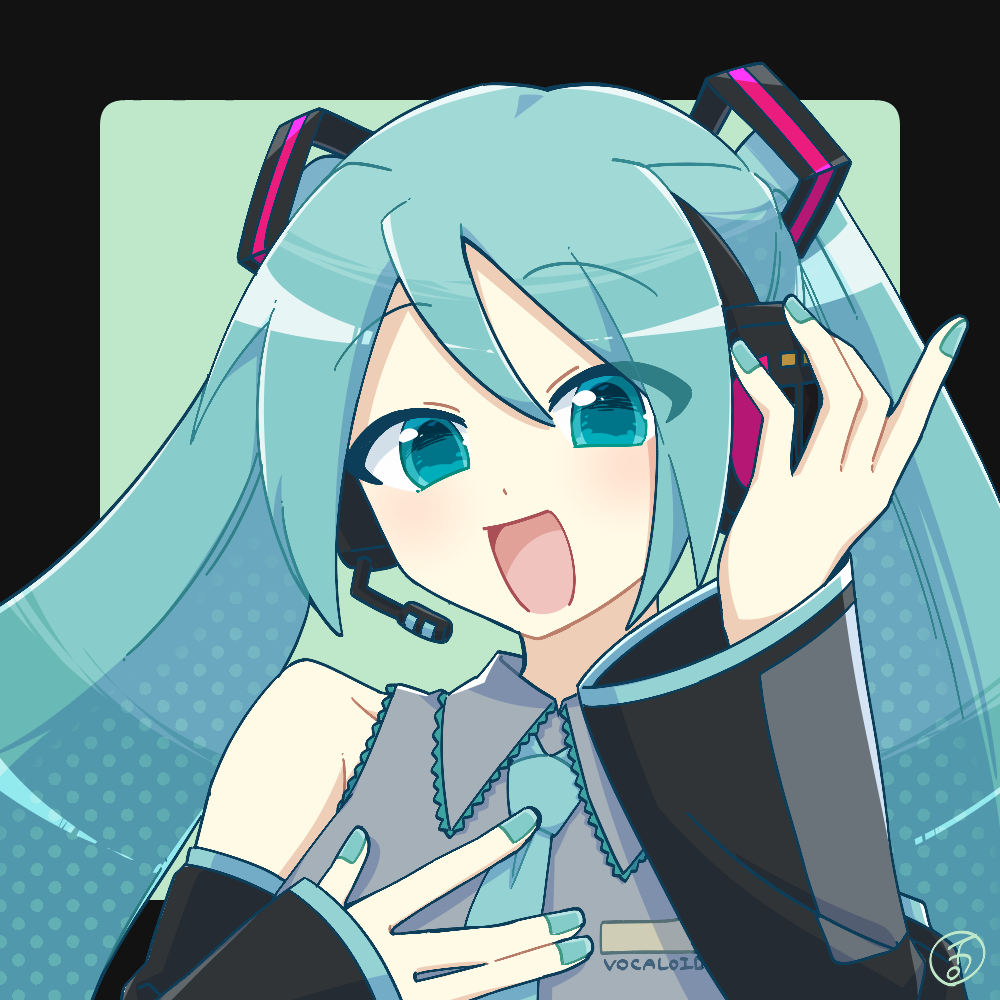 1girl, 44ikaro, :d, aqua_background, aqua_eyes, aqua_hair, aqua_nails, aqua_necktie, bare_shoulders, black_border, border, collared_shirt, detached_sleeves, frilled_shirt, frilled_shirt_collar, frills, grey_shirt, hatsune_miku, headphones, headset, long_hair, looking_at_viewer, microphone, nail_polish, necktie, open_mouth, outside_border, portrait, round_border, shirt, sleeveless, sleeveless_shirt, smile, solo, twintails, vocaloid
