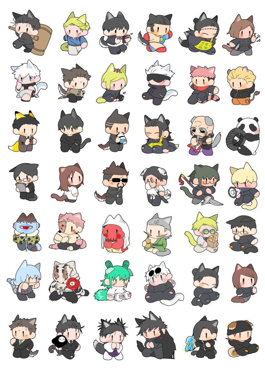animal_ears, black_eyes, black_hair, black_suit, blonde_hair, brown_eyes, brown_suit, cat_ears