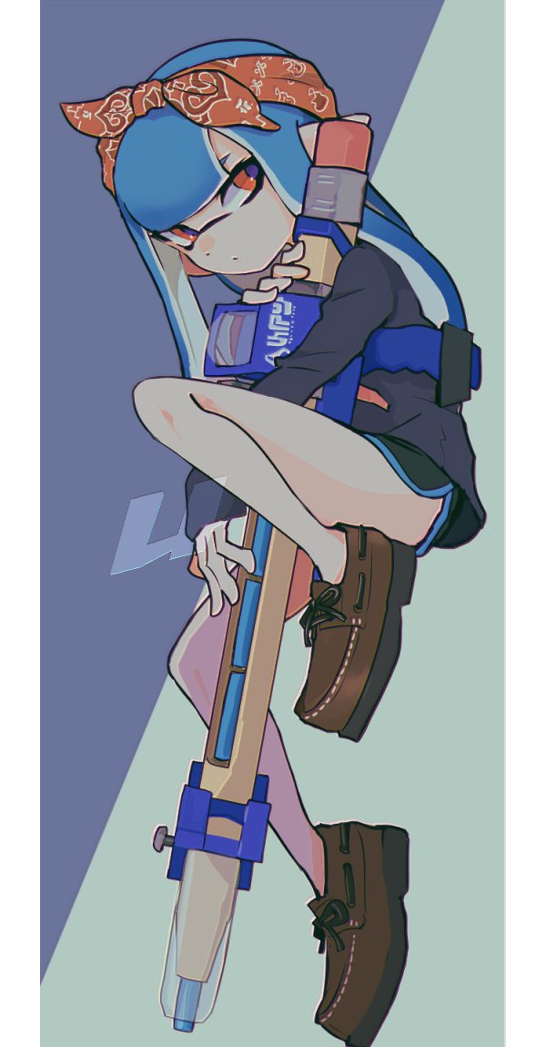1girl, bandana, black_shorts, blue_background, blue_hair, blue_pupils, blue_shirt, blue_trim
