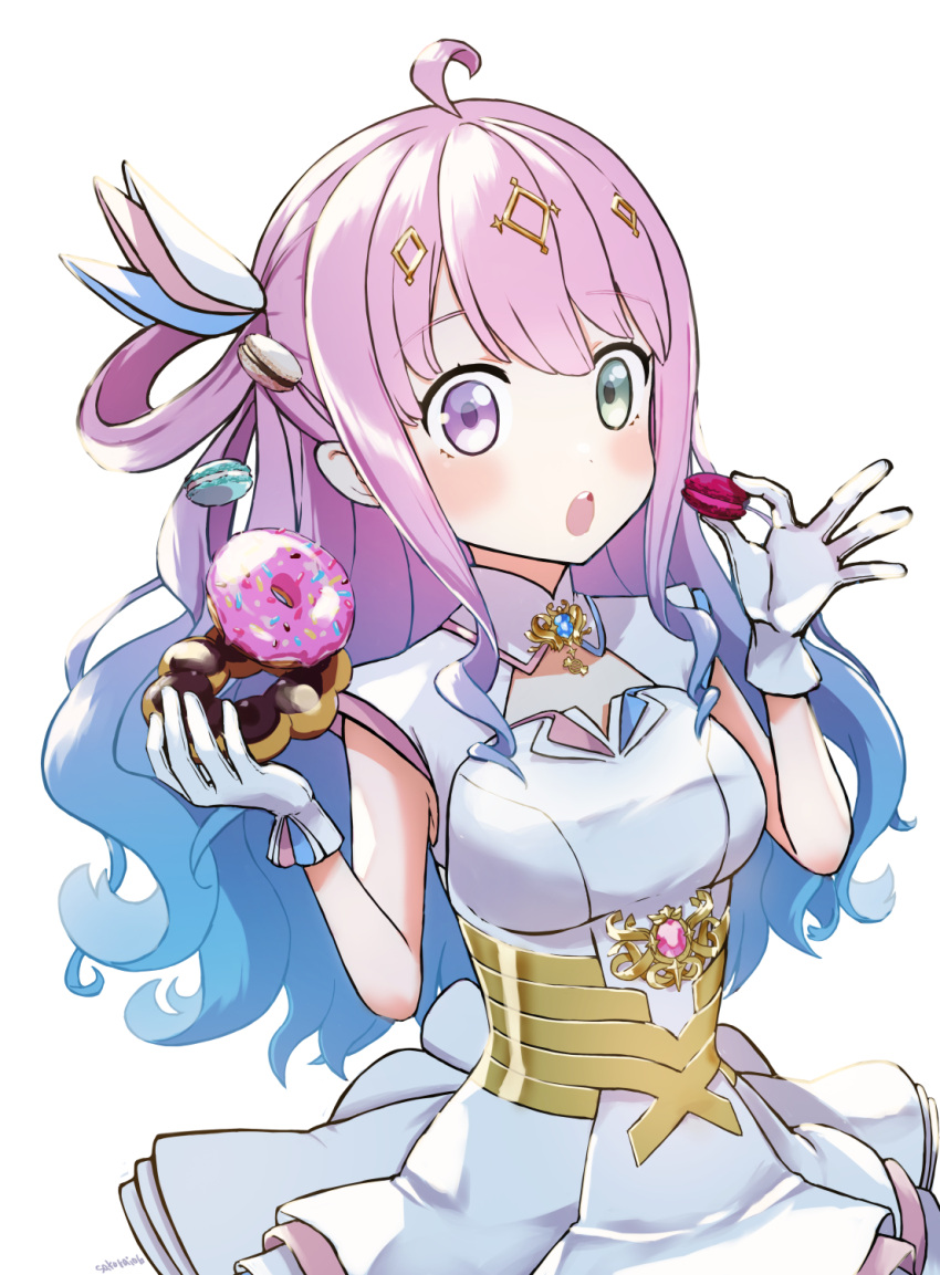 ahoge, blue_hair, blush, cleavage_cutout, clothing_cutout, collared_dress, diamond_hair_ornament, doughnut