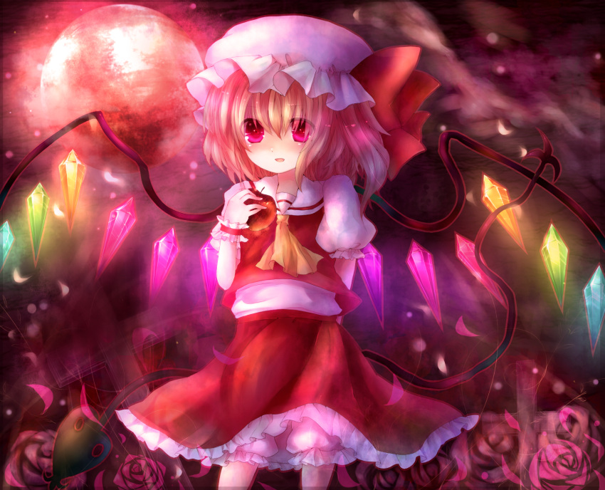 apple, arm_behind_back, ascot, blonde_hair, bloomers, cross, flandre_scarlet, flower, food, fruit, full_moon, hat, highres, laevatein, maho, maho_moco, moon, moonlight, red_eyes, red_moon, rose, short_hair, side_ponytail, skirt, solo, the_embodiment_of_scarlet_devil, touhou, wings, wrist_cuffs