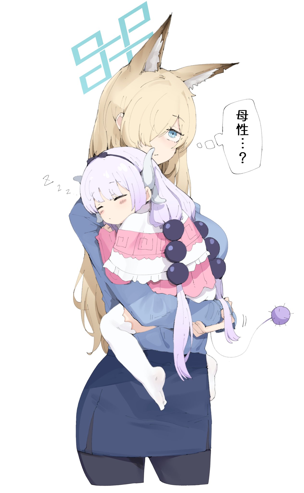 2girls, animal_ear_fluff, animal_ears, beads, black_pantyhose, blonde_hair, blue_archive, blue_eyes, blue_halo, blue_shirt, blue_skirt, blunt_bangs, blush, capelet, carrying, carrying_person, closed_eyes, commentary_request, dog_ears, dragon_horns, dress, frilled_capelet, frilled_dress, frilled_jacket, frills, gurenola, hair_beads, hair_ornament, hair_over_one_eye, hairband, halo, highres, horns, jacket, kanna_(blue_archive), kanna_kamui, kobayashi-san_chi_no_maidragon, long_hair, long_sleeves, low_twintails, multiple_girls, name_connection, notched_ear, pantyhose, pencil_skirt, police, police_uniform, purple_hair, shirt, skirt, sleeping, tail, thigh-highs, thought_bubble, translation_request, twintails, uniform, white_background, white_thighhighs, zzz
