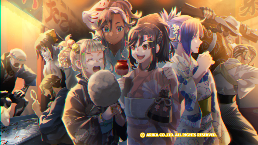 4boys, 4girls, :d, area_(arika), arika, artist_request, blair_dame, character_request, dark-skinned_female, dark_skin, dog, fighting_ex_layer, fingerless_gloves, gloves, hair_ornament, hairclip, highres, long_hair, multiple_boys, multiple_girls, nanase_(arika), official_art, official_wallpaper, pullum_purna, skullomania, smile, x_hair_ornament