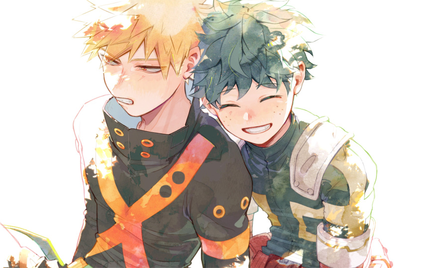 2boys, absurdres, bakugou_katsuki, blonde_hair, bodysuit, boku_no_hero_academia, closed_eyes, freckles
