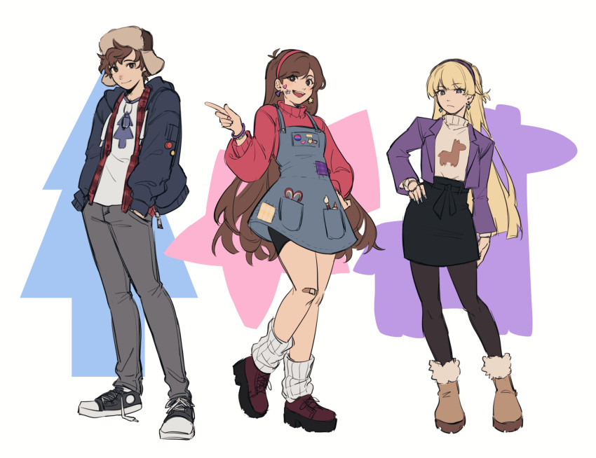 1boy, 2girls, aged_up, alternate_costume, black_pantyhose, blonde_hair, blue_jacket, brother_and_sister